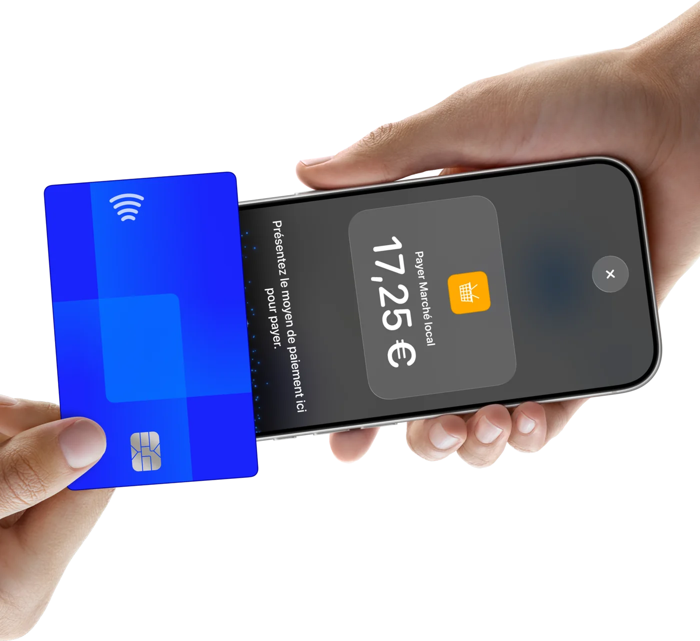 Une carte bancaire sans contact présentée au-dessus d’un iPhone qui affiche un paiement de 17,25 € avec Tap to Pay sur iPhone.